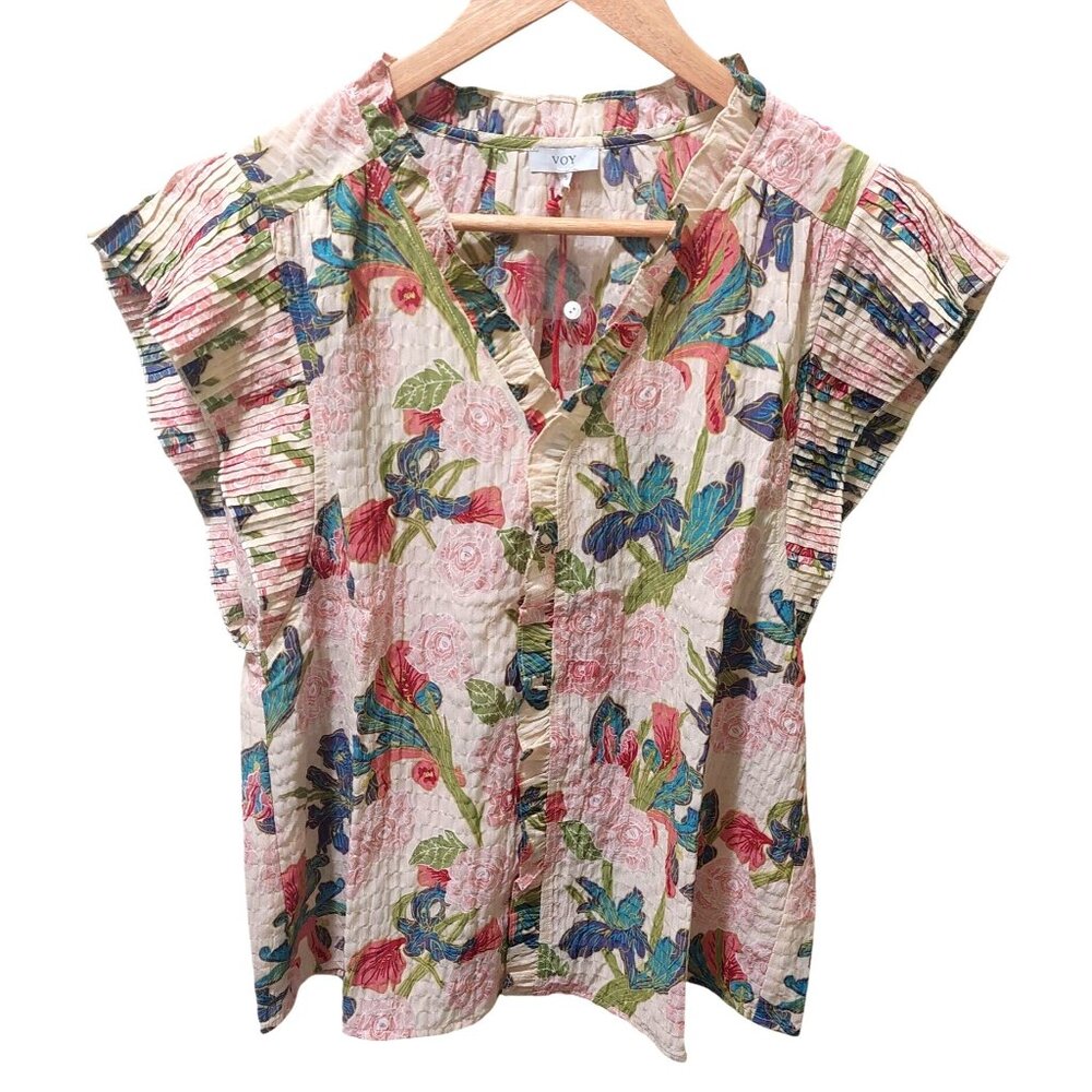 NWT Voy Floral Ruffle Sleeve Button-Front Blouse~Ruffle Front~Pleated Sleeve~SMA - Picture 5 of 8
